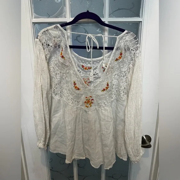 Free People White Long Sleeve Ruffled Blouse - Picture 1 of 5